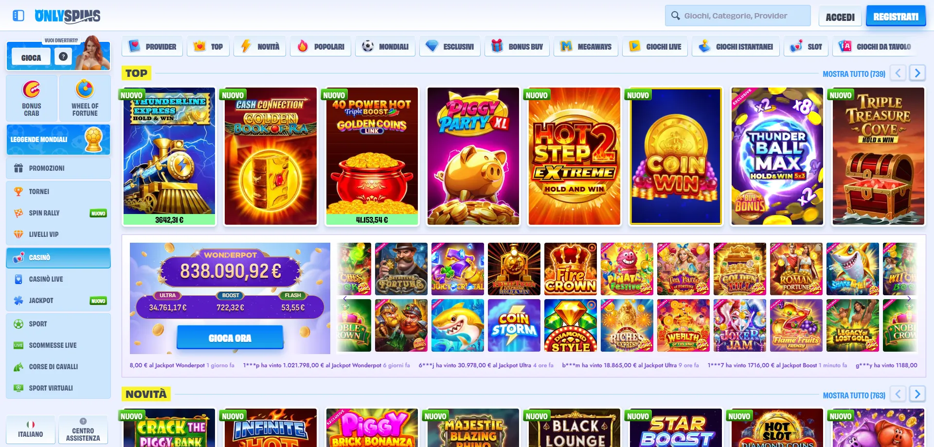 OnlySpins Casino giochi slot machine live dealer catalogo completo