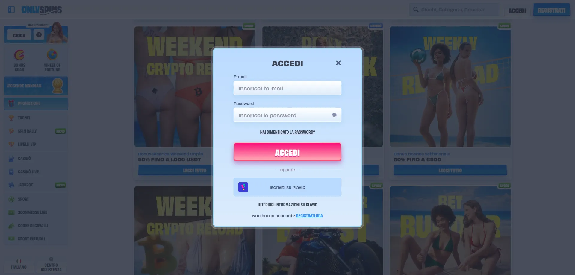 OnlySpins Casino login accesso account Italia desktop mobile